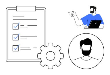 Listeli pano, vites simgesi, sakallı adam portresi ve dizüstü bilgisayarı olan kişi. Proje yönetimi, takım çalışması, üretkenlik, planlama, organizasyon iş akışı görev ataması için ideal