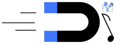 Mıknatıs hareket çizgileri olan bir müzik notası çekiyor, pazarlama analizinin başlangıç görüntüsü. Fizik, müzik, eğitim, pazarlama, yaratıcılık ve cazibe eğitimi için idealdir. Çizgi