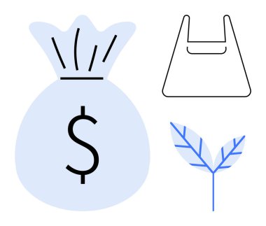 Bir dolar işaretli para çantası ikonu, bir alışveriş çantası taslağı ve bir yaprak. Finans, tasarruf, ticaret, alışveriş, sürdürülebilirlik çevre dostu ve çevresel temalar için idealdir. Soyut satır düzlüğü