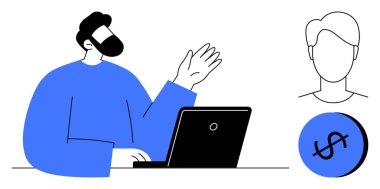 Yakınlarda başka bir simge ve dolar işareti görünürken, bir kişi dizüstü bilgisayar ve işaret kullanıyor. İş için ideal, uzaktan çalışma, danışmanlık, finans, ağ kurmak, iletişim, beyin fırtınası. Soyut