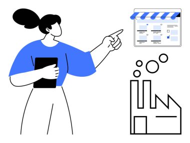Çevrimiçi bir mağazada, elinde bir tablet bulunan ve yanında bir sanayi fabrikası ikonu bulunan kadın profesyonel puanlar. Girişimcilik, e-ticaret, iş stratejisi, çevrimiçi perakende satış için ideal