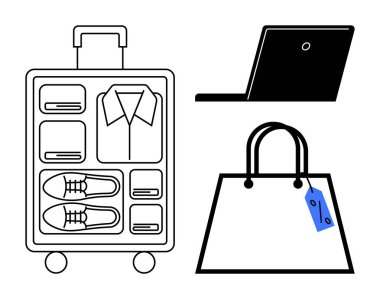 Giysileri ve ayakkabıları olan organize çantalar, açık dizüstü bilgisayarlar, mavi etiketli alışveriş çantaları. Seyahat, iş, e-ticaret, verimlilik, alışveriş, organizasyon planlaması için ideal soyut bir metafor