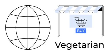 Çevrimiçi mağaza vitrininde alışveriş arabası ve satın alma düğmesi olan Vejetaryen etiketli bir dünya. E-ticaret, küresel pazar, vejetaryen ürünler, bitki temelli diyet, internet alışverişi, organik gıda için ideal