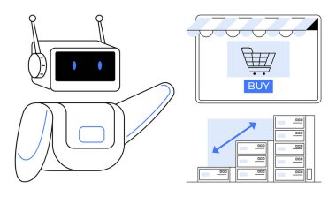 Çevrimiçi alışveriş ekranını işaret eden antenli bir robot, satın alma tuşu, kutular yığını, yukarı doğru büyüme grafiği. Otomasyon, e-ticaret, yapay zeka, teknoloji, satış büyümesi, müşteri hizmetleri için ideal