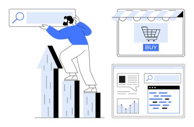 Grafik çubuklarına tırmanırken arama çubuğu tutan kişi, satın alma düğmeli online alışveriş arabası, arama çubuğu, analitik. Çevrimiçi dijital pazarlama, SEO, e-ticaret, analitik, büyüme stratejisi için ideal
