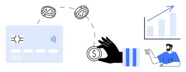 Dijital kart, dağınık madeni paralar, el ele tutuşmalar, yükselen grafikler, adam işaret ediyor. Finans, bankacılık, yatırım, dijital ödemeler için idealdir.