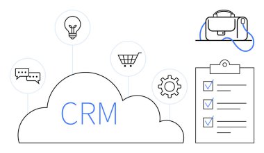 Ampullü CRM bulutu, sohbet baloncukları, alışveriş arabası ikonları. Vites, evrak çantası, işaretli kontrol listesi. Müşteri ilişkileri yönetimi, iş stratejisi, üretkenlik, organizasyon için ideal