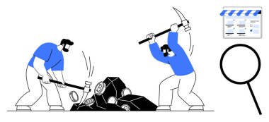 İşçiler blokları kırmak için araçlar kullanıyorlar, arama ve araştırmayı vurgulayan büyüteç kullanıyorlar, takvim mağaza programını gösteriyor. Takım çalışması, üretkenlik, keşif, araştırma, programlama için ideal