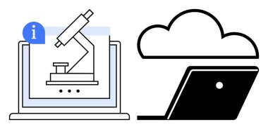 Laptop ekranında mikroskop gösterilir, dijital araştırmalar vurgulanır. Dizüstü bilgisayarın yanında bulut simgesi çevrimiçi depolama anlamına gelir. Bilim, araştırma, eğitim, teknoloji, bulut hesaplama verileri için ideal