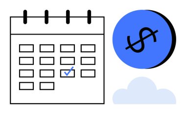 Bir gün üzerinde kontrol işareti olan bir takvim, mavi dolar işareti ve bir bulut. Mali planlama, bütçe planlaması, tasarruf hedefleri, süreler, üretkenlik, zaman yönetimi ve strateji kavramları için ideal