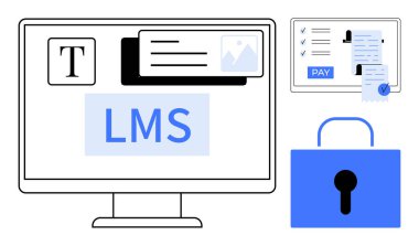 LMS, metin, resim içeren bilgisayar ekranı. Ödeme makbuzu daha küçük ekranda. Güvenlik sembolü. Çevrimiçi öğrenim, e-ticaret, eğitim, siber güvenlik teknolojisi kolaylığı için ideal