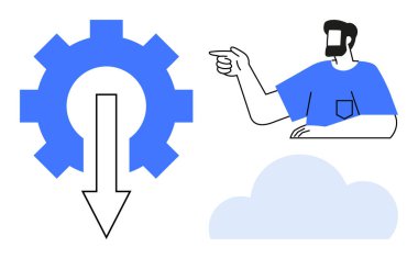 Mavi gömlekli adam sağı işaret ediyor, dişli aşağı ok sola, mavi bulut aşağı. IT, teknoloji, rehberlik, süreç, yön bulut hesaplama ve sistem işlemleri için idealdir. Temiz