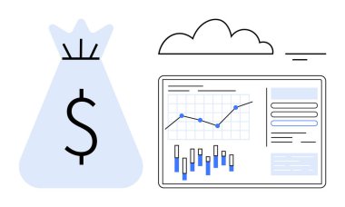 Para çantası, üzerinde bir dolar işareti olan bir veri panelinin yanında çizgi ve çubuk grafikleri olan bir çanta. Bulut sembolü yukarıda. Finans, ekonomik raporlar, yatırım stratejileri, iş büyümesi, bütçe ve veri için ideal