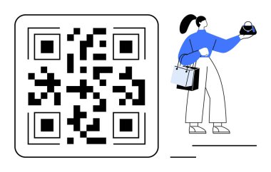 Woman holding product with shopping bags stands next to large QR code. Ideal for retail, e-commerce, digital transformation, online shopping, modern consumerism, cashless transactions, product clipart