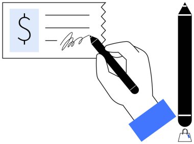 Büyük siyah bir kalem kullanarak bir çek imzalar. Diğer kontrol unsurları arasında bir dolar işareti ve detaylar için satırlar var. Finans, bankacılık, işlemler, ödemeler, işletmeler, sözleşmeler ve anlaşmalar için ideal