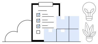 Kontrol listesi olan bir pano, istiflenmiş dört kutu, ampul, saksı bitkisi ve bulut. Organizasyon, verimlilik, iş lojistiği, envanter denetim verimliliği planlama konuları için ideal
