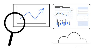 Veri eğilimlerini inceleyen büyüteç, grafik ve grafiklerle dolu dijital bir panel ve bir bulut simgesi. Veri analizi, büyük veri, bulut hesaplaması, finansal incelemeler, piyasa araştırmaları, iş dünyası için ideal