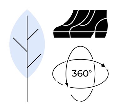 Leaf representing eco-friendliness, stylish shoes icon, and 360-degree rotation arrows. Ideal for concepts thumbs up sustainability, fashion technology, product design, environmental awareness clipart