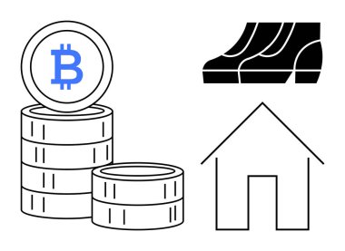 Stacked Bitcoin coins, simple house icon, and a line graph. Ideal for blockchain, investment, trading, real estate, financial growth wealth management cryptocurrency. Abstract line flat metaphor clipart