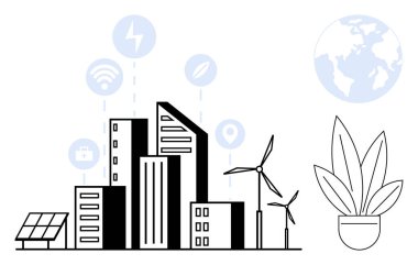 Şehir binaları, güneş panelleri, rüzgar türbinleri, teknoloji ikonları, bitki ve dünya. Sürdürülebilirlik için ideal, yenilenebilir enerji, akıllı şehirler yeşil teknoloji ekolojik yaşam küresel bağlantı gelecekteki kentsel
