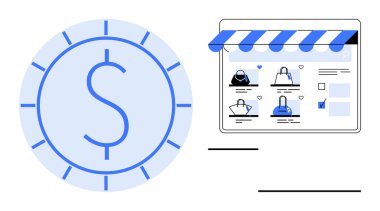 Alışveriş torbaları ve kontrol işaretleriyle çevrimiçi bir mağazanın yanında dolar sembolü. E-ticaret, çevrimiçi alışveriş, dijital perakende, mali işlemler, ekonomik büyüme, iş ve tüketici için ideal