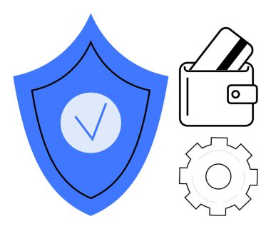 İşaretli mavi kalkan, kredi kartı taşıyan cüzdan ve gri dişli ikonu. Siber güvenlik için ideal, çevrimiçi ödeme, teknik destek, uygulama geliştirme, banka e-ticaret bilişim hizmetleri. Satır metaforu