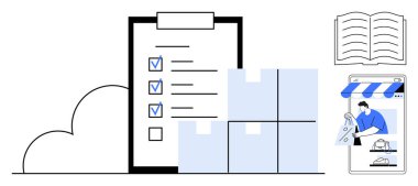 Alıcılarla alışveriş uygulaması, kontrol listesi, kutular, kitap, bulut. Çevrimiçi alışveriş, envanter yönetimi, e-ticaret lojistik organizasyonu verimlilik dijital belgeleri için ideal. Soyut satır düzlüğü