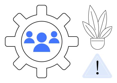Mavi insan ikonuna sahip vites takım çalışmasını, saksı bitkisi büyümeyi temsil ediyor ve uyarı işareti de potansiyel zorlukları gösteriyor. Proje yönetimi, işbirliği ve verimlilik için ideal