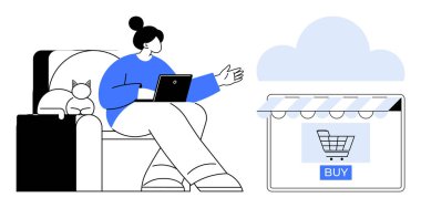 Kanepede kedisiyle oturan bir kadın, internetten alışveriş yapmak için tablet kullanıyor. Bir mağaza simgesinin üzerindeki bulut sembolü ekommersi anlamına gelir. Çevrimiçi alışveriş, dijital perakende satış, bilişim çözümleri, bulut hizmetleri için ideal