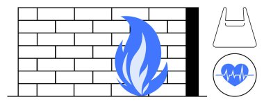 Ortasında mavi alev olan güvenlik duvarı sağ üst tarafında bir alışveriş torbası ikonu ve aşağıda da kalp atışı ikonu var. Güvenlik, koruma, çevrimiçi alışveriş, sağlık, teknoloji ve dijital için ideal