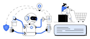 Robot çoklu görev paketi, test tüpü, telefon, teçhizat ve kalkan. Alışveriş arabasının yanında cep telefonu kullanan bir kadın. Teknoloji için ideal, çevrimiçi perakende, yapay zeka müşteri otomasyonu fütüristik ticaret
