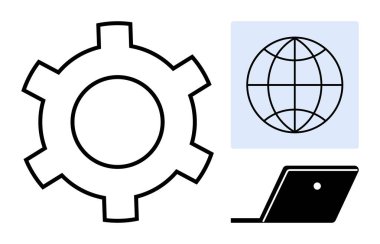 Dişli, küresel ve dizüstü bilgisayar teknoloji entegrasyonu, dünya çapında bağlantı ve uzaktan çalışma temaları iletir. Kavramsal kavramlar için ideal yenilik, dijital dönüşüm, küreselleşme, bilişim ağı