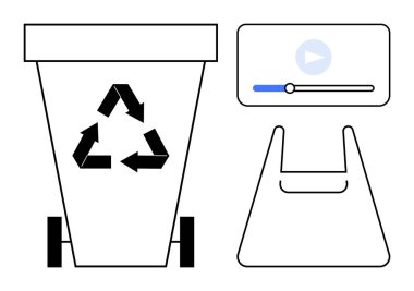 Okları olan geri dönüşüm kutusu, video oynatıcı arayüzü, plastik çanta. Atık yönetimi, çevre dostu uygulamalar, eğitim, dijital öğrenme, sürdürülebilirlik savunuculuğu, geri dönüşüm programları için ideal