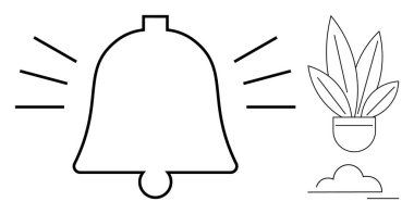Tebligat çizgileriyle alarm konseptini vurgulayan çan, saksı bitkisi ve bulutun yanında. Bildirimler, uyarılar, hatırlatıcılar, verimlilik, iletişim, doğa basitliği için idealdir. Soyut çizgi