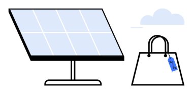 Güneş paneli ayakta duruyor, etiketli alışveriş torbası ve arka planda bulut var. Sürdürülebilirlik, çevre dostu alışveriş, yenilenebilir enerji, bilinçli tüketim, yeşil teknoloji, temiz