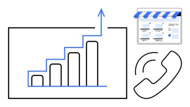Yükselen çubuk grafiği büyüme, dijital mağaza önü illüstrasyonu ve telefon arama simgesi elde ediyor. Ticari büyüme, e-ticaret, iletişim, müşteri hizmetleri, çevrimiçi pazarlama ve teknoloji için ideal