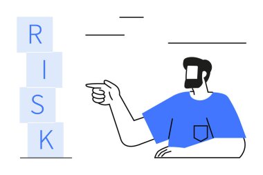 Mavi gömlekli adam RISK 'i dikey olarak dizilmiş blokları işaret ediyor. Strateji, risk yönetimi, karar verme, iş planlaması, tedbir, liderlik, belirsizlik konularındaki temalar için ideal. Soyut