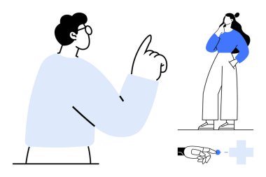 Erkek figürü parmağını kaldırmış, düşüncede kadın figürü, mavi düğmeye basıyor. Takım çalışması, karar verme, liderlik, iletişim, beyin fırtınası, stratejik planlama için ideal