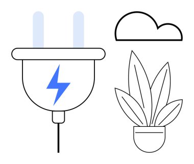 Mavi yıldırım sembollü elektrik prizi, bulut şekli ve saksı bitkisi ikonu. Enerji verimliliği, çevre dostu uygulamalar, yenilenebilir kaynaklar, yeşil teknoloji, sürdürülebilir yaşam için ideal