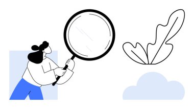 Kadın figürü, yaprak ve buluta yakınlaşan büyüteç tutuyor. Keşif, merak, doğa çalışması, odaklanma, detaylara dikkat, çevresel farkındalık, araştırma konuları için idealdir. Soyut