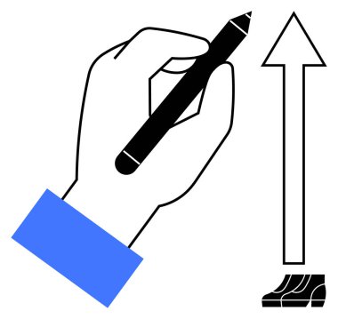 Bir kalem tutarak ve yukarı doğru büyük bir ok çizerek. Üsteki ayakkabılar başarıya giden adımları sembolize eder. İş için ideal, büyüme, ilerleme, strateji, başarı, kişisel gelişim yönü. Temiz