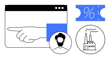 Web tarayıcı, kullanıcı profili, indirim kuponu ve fabrika simgeleri. Çevrimiçi pazarlama, kullanıcı navigasyonu, sanayi ekonomisi, ecommerce, indirimli internet sitesi tasarımı için ideal