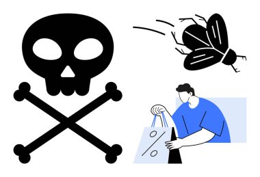 Çapraz kemikli büyük kafatası, vızıldayan bir sinek ve alışveriş torbaları tutan bir insan. Sağlık uyarıları, alışveriş tehlikeleri, haşere kontrolü, zehirlilik, online alışveriş, hastalık vektörleri eğitimsel