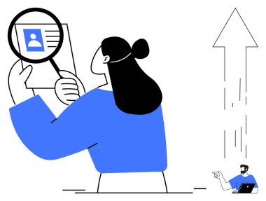 Kadın profili büyüteçle incelerken, yakınındaki erkek yukarı doğru giden oku işaret ederek incelemeyi, büyümeyi ve ilerlemeyi sembolize ediyor. İşe alım, analiz, kariyer gelişimi ve performans için ideal