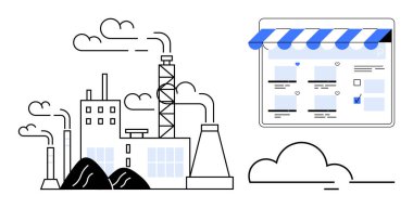 Baca yayan sanayi fabrikası çevrimiçi bir mağazanın önünde ürün listelerini sergiliyor. E-ticaret, endüstriyel evrim, dijital pazar ve modernizasyon için ideal