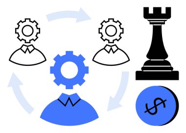 Dişli başlı insanlar, bisiklet gösteren oklar, stratejiyi temsil eden satranç kalesi, finansal büyümeyi gösteren dolar işareti. İş planlaması, takım işbirliği, süreç optimizasyonu için ideal