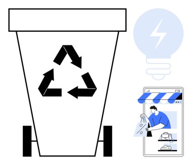 Geri dönüşüm ikonu olan geri dönüşüm kutusu, akıllı telefon kullanan bir insan, mavi enerji ampulü. Sürdürülebilirlik, e-ticaret, yenilenebilir enerji, atık yönetimi, çevre dostu konular için ideal