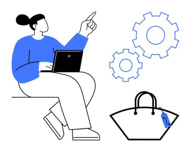 Diz üstü bilgisayarı yukarıya bakan kadın, stratejik düşündüğünü gösteriyor. Vitesler süreci sembolize eder ve fiyat etiketli alışveriş torbası ticareti ön plana çıkarır. İş, strateji, teknoloji ve e-ticaret için ideal