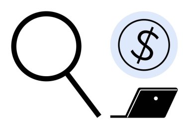 Magnifying glass, dollar sign in circle, and open laptop. Ideal for financial analysis, online market research, investment scrutiny, digital business, profitability economy virtual audits. Modern clipart