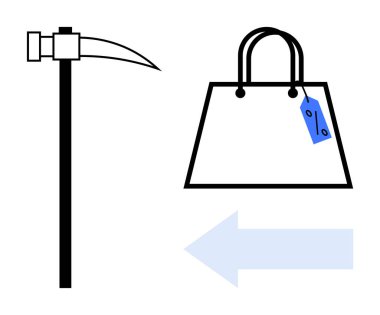 Pickaxe tool presented beside a shopping bag with a tag, pointing left with an arrow. Ideal for work-life balance, consumerism, lifestyle change, labor vs. retail, shopping culture, economic shift clipart